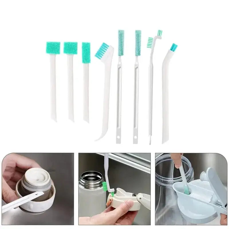 9-piece cleaning brush set by Simples Market with turquoise bristles for bottles, windows and crevices