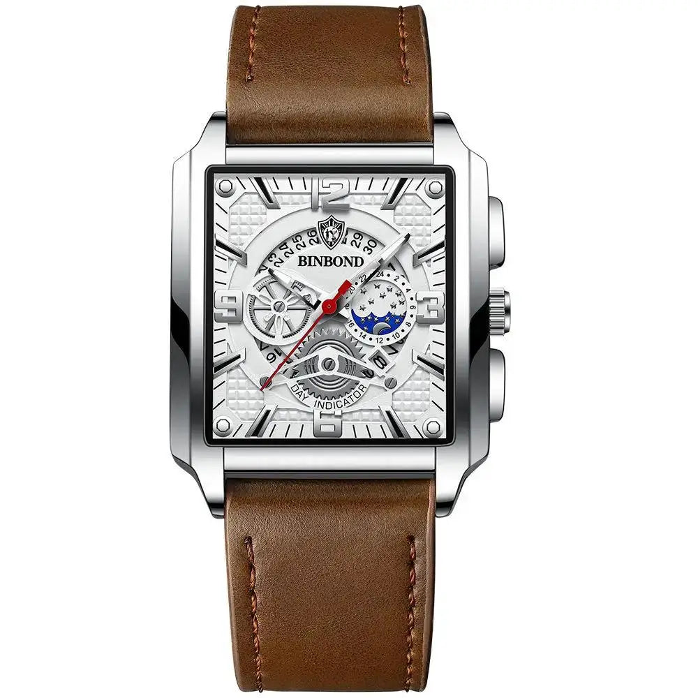 BINBOND men's square stainless steel watch with brown leather strap and skeleton dial with multiple subdials.