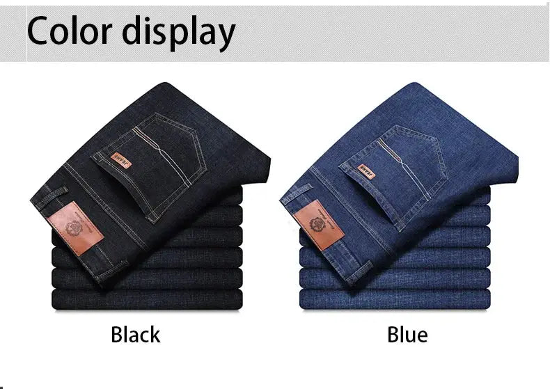 Men's classic denim jeans by Simples Market in black and blue, 2 color variants shown, sizes 32–38.
