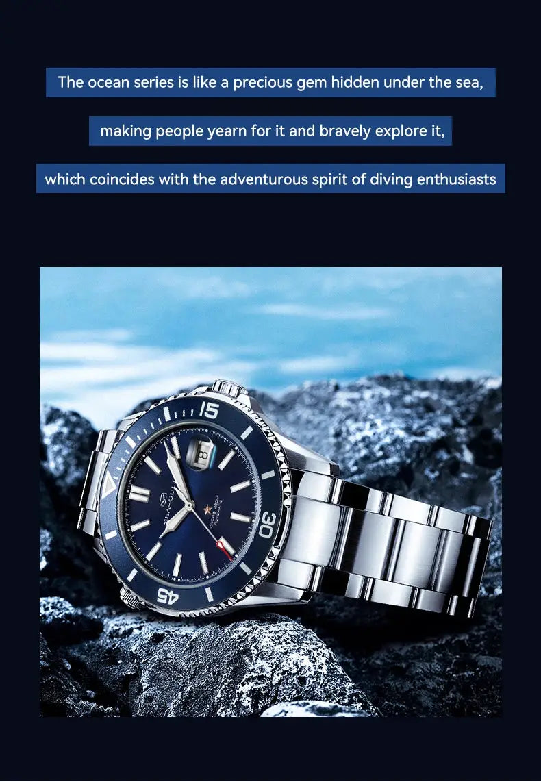 Seagull Ocean Series men's diving watch by Simples Market, blue dial, stainless steel bracelet, 200m water resistant.