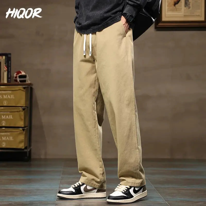 HIQOR men's casual cargo jogger pants in beige cotton with drawstring waist