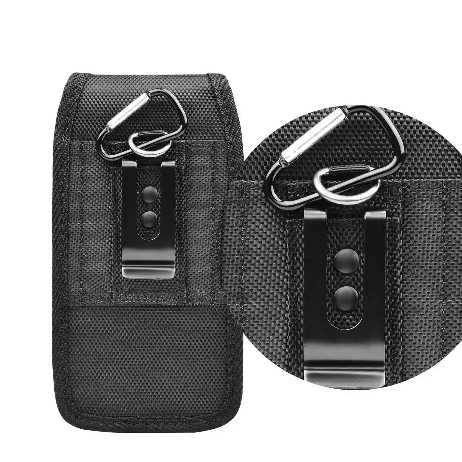 Phone waist bag by Simples Market, black nylon fanny pack with belt loop and carabiner clip