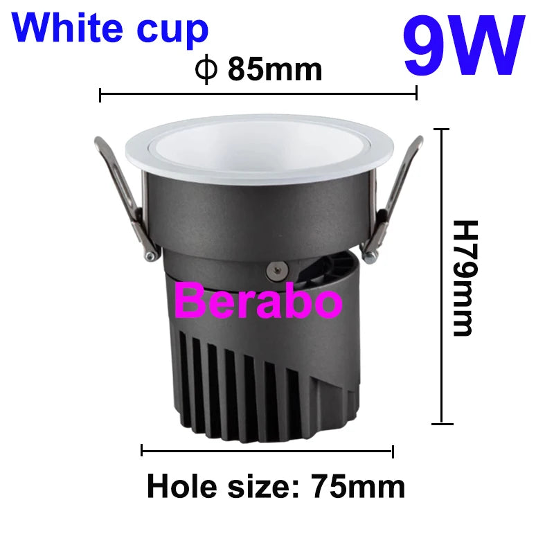 Berabo white LED recessed downlight, COB, 9W, dimmable, 85mm diameter