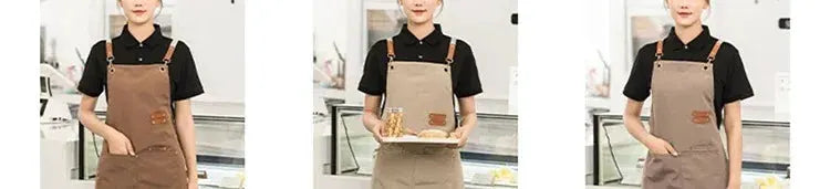Waterproof kitchen apron by Simples Market, unisex tan pinafore with pockets and adjustable straps.