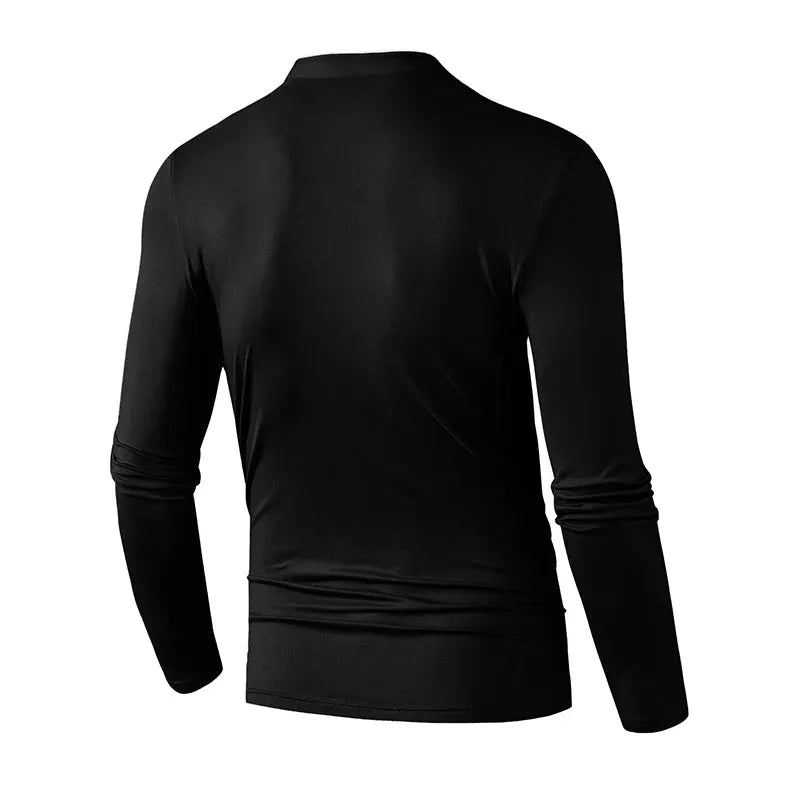 Men's stand-collar long-sleeve pullover top, black, back view