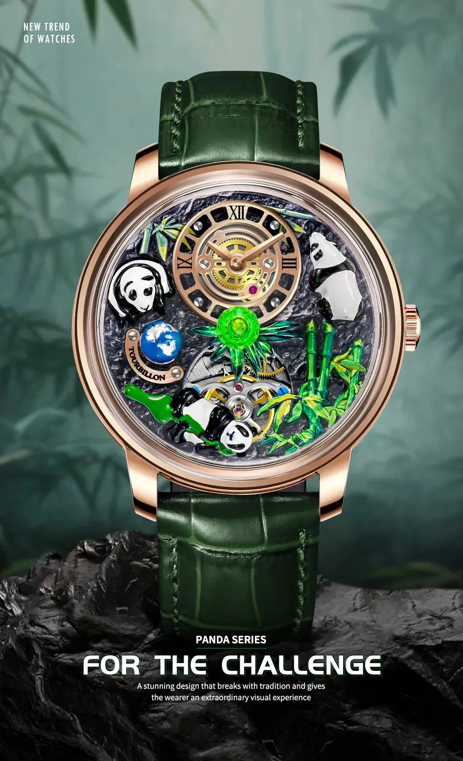 Simples Market Panda Series mechanical watch with rose-gold case, green leather strap, rotating crystal-ball panda dial