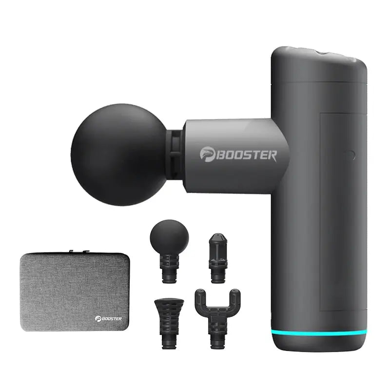 Booster Mini X massage gun by Simples Market; dark gray percussion massager with blue ring, 4 heads, and case.