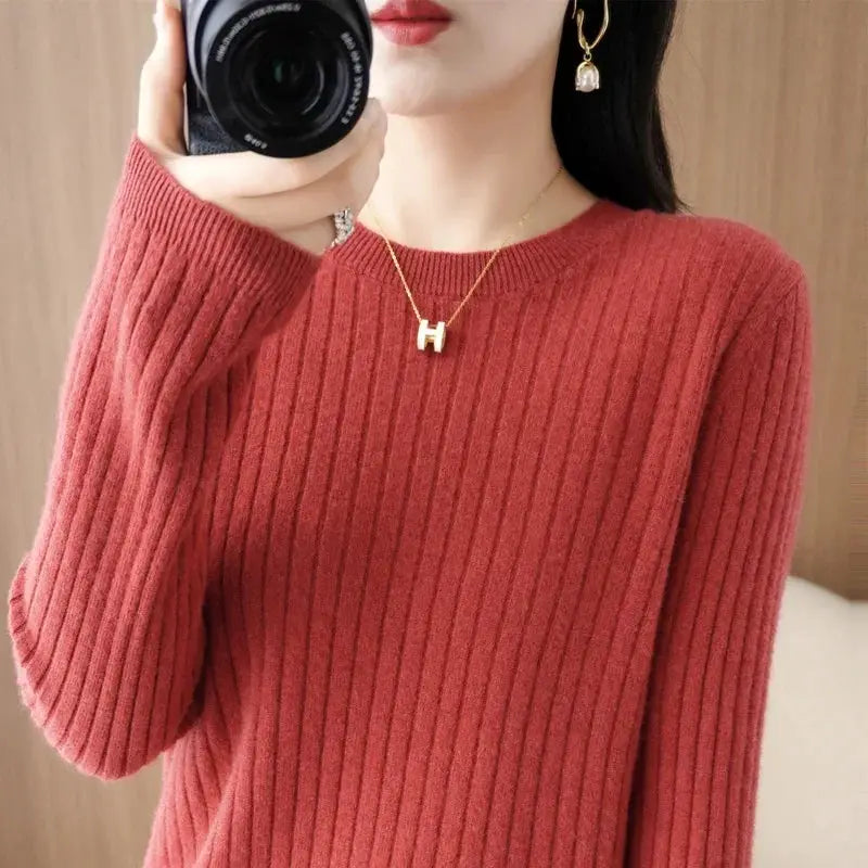 Aurora Knitwear Warm O Neck Stripe Loose Fit Sweater For Autumn Winter Layering Cozy Knit