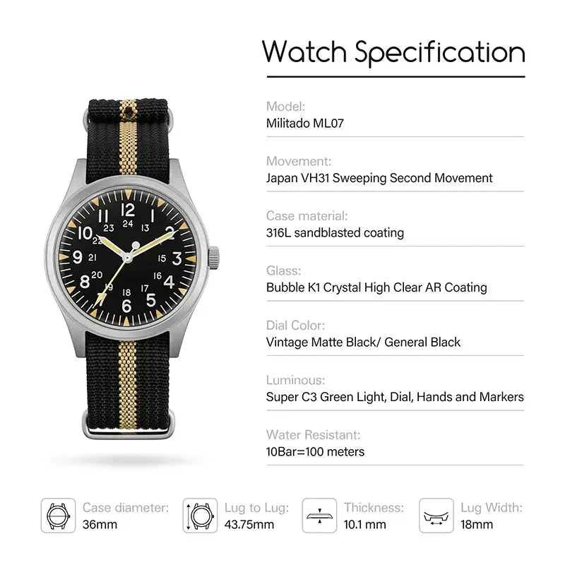Militado ML07 quartz military watch with black dial and beige-striped NATO strap; 100m water resistant.