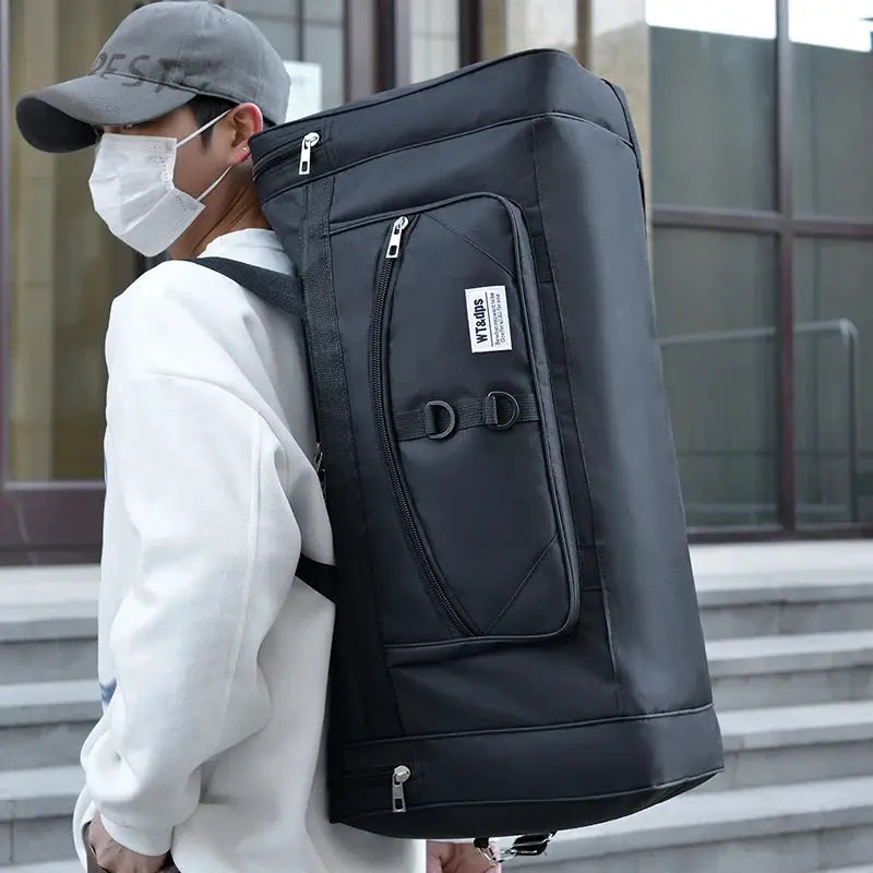 Oversized handbag with black nylon exterior, multi-functional design for travel, fitness, and outdoor use