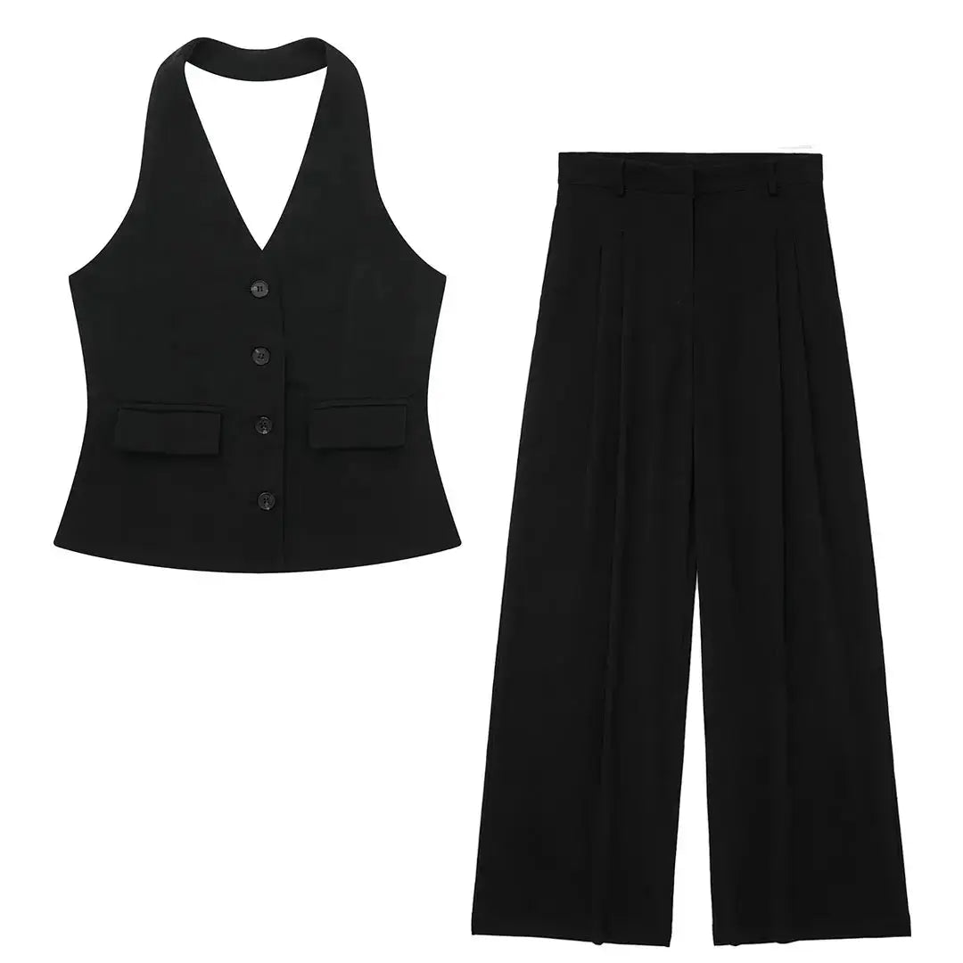 HH Women Pant Suit Set Halter Vest Blazer Top Zipper Pants Office Lady