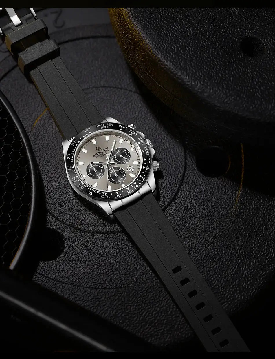 NAVIFORCE men's watch with silver dial, black silicone strap, chronograph subdials, tachymeter bezel