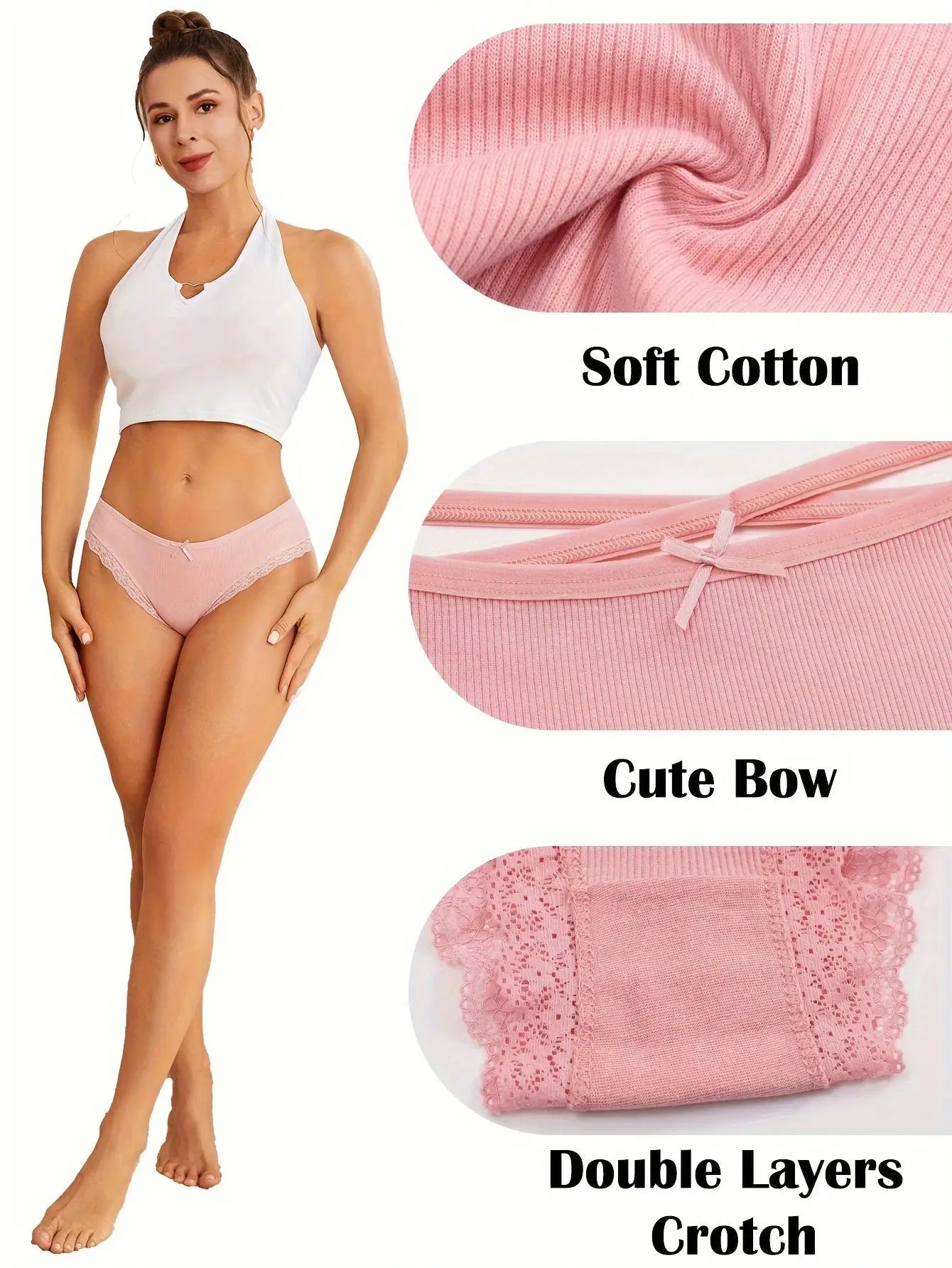 5-pack women's pink cotton lace briefs with bows; soft double-layer fabric, sizes S–XL Simples Market
