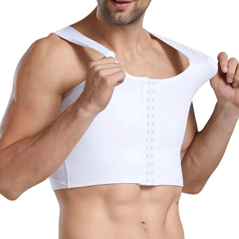 Men's white gynecomastia shaper vest by Simples Market with front-hook closure for chest and abdomen slimming.