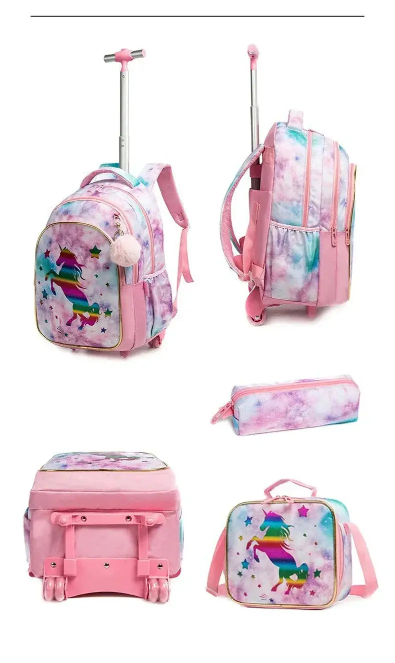 Children's wheeled backpack set with pastel unicorn print; includes rolling backpack, lunch box, and pencil case.