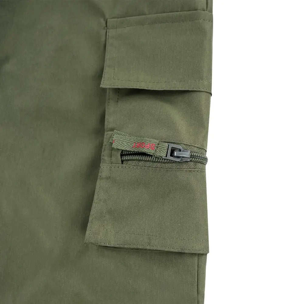 Men's olive green tactical cargo shorts with zip pocket and utility flap pocket