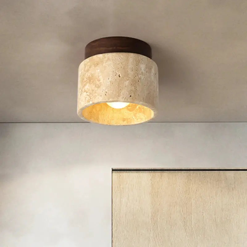 LED ceiling lamp, Japanese-style round stone-wood surface-mounted downlight for living room