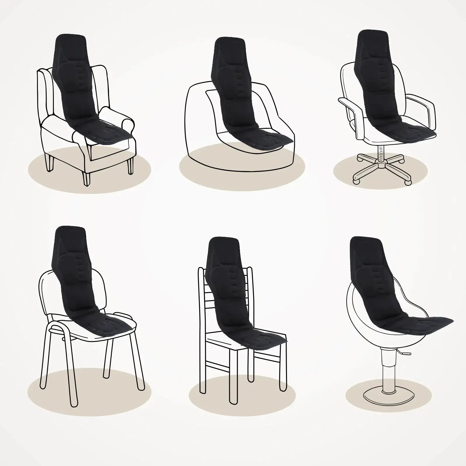 Electric back massager chair cushion by Simples Market in black with infrared heating, shown on 6 chairs