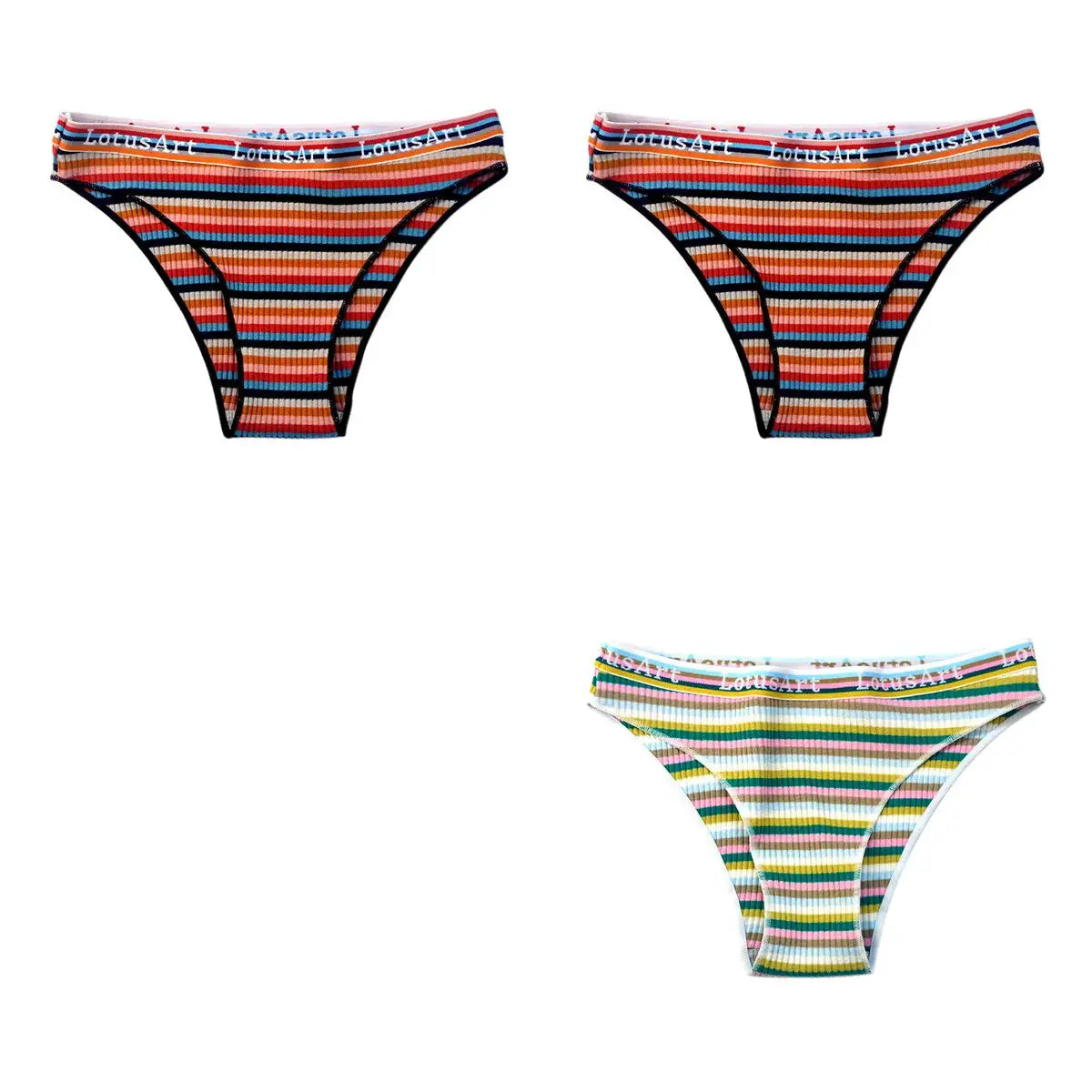 3-piece cotton panties set for women, colorful striped low-rise briefs with LotusArt waistband.