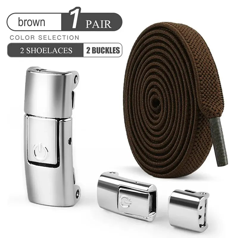 8mm no-tie elastic flat brown shoelaces with press-lock buckles; 2 buckles included, Simples Market