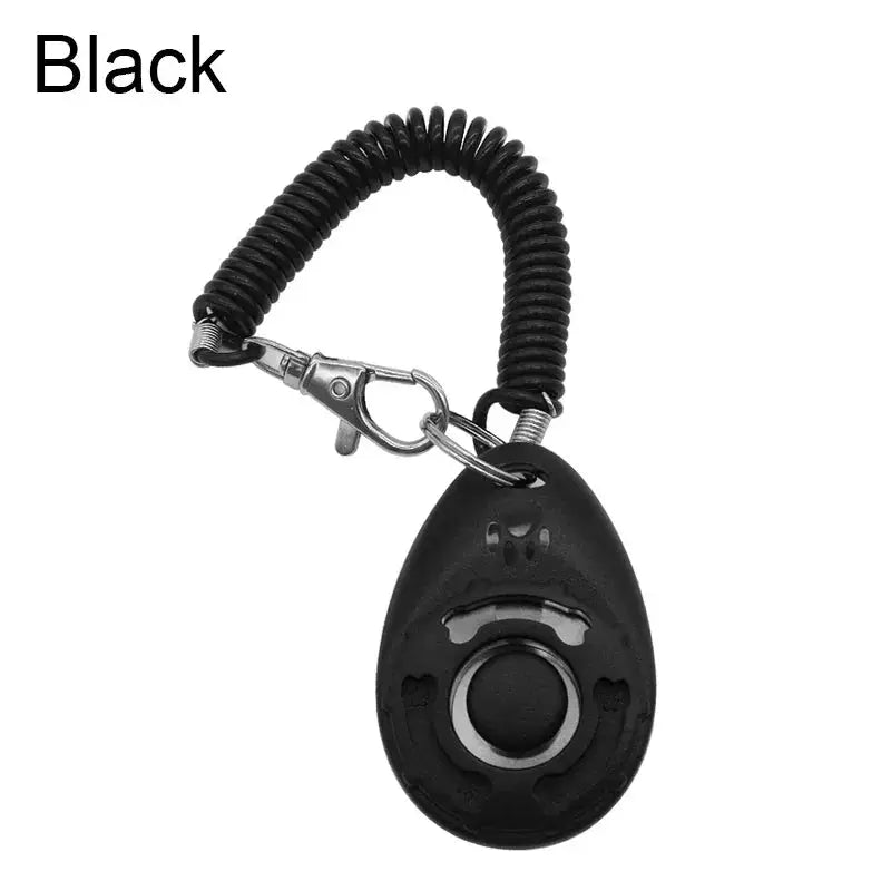 Black adjustable dog training clicker with coiled wrist strap and keychain