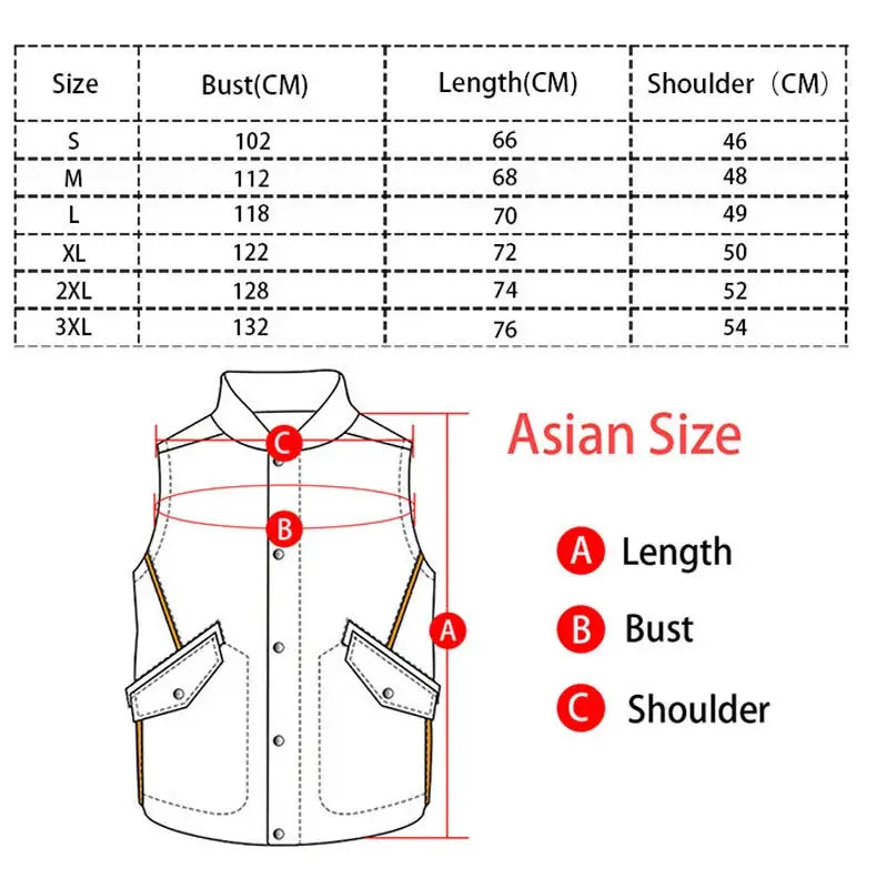 White faux leather men's waistcoat with stand collar; biker style, includes size chart and Asian measurements
