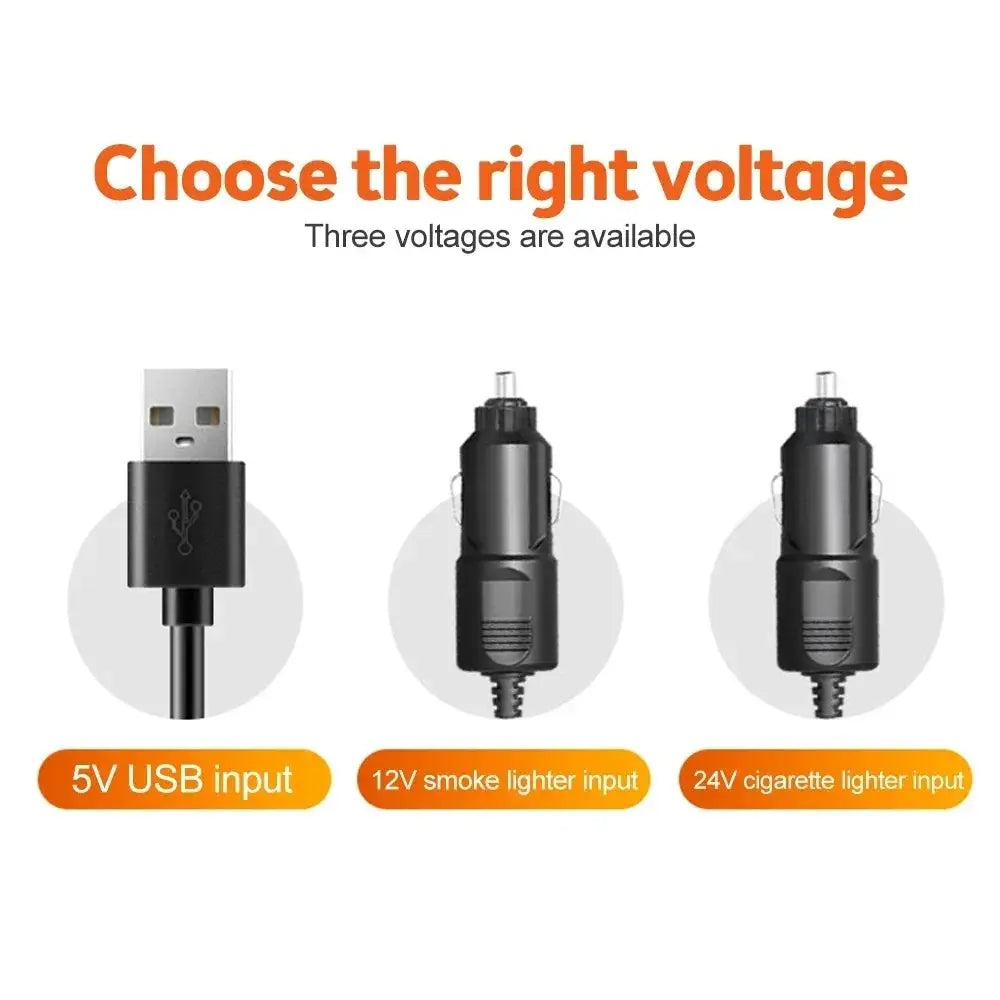 Car fan with 3 heads; black body; three input options: 5V USB, 12V lighter, 24V cigarette lighter