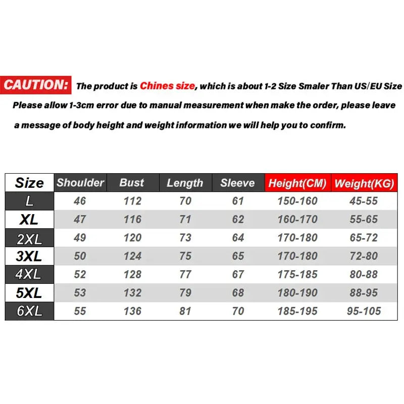 Winter men’s jacket size chart showing shoulder, bust, length, sleeve, height and weight ranges for sizes L–6XL.