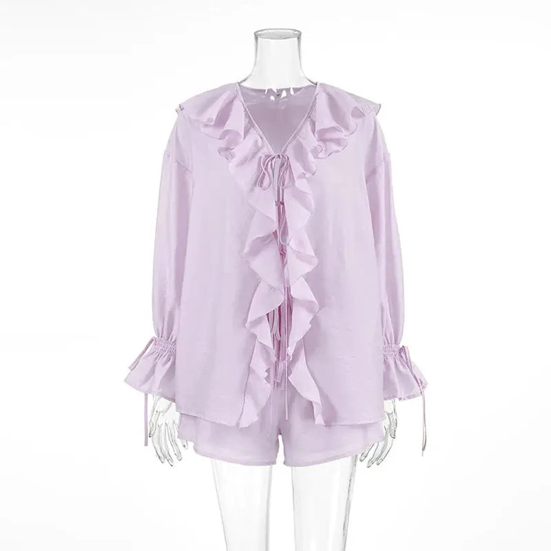 Tornova Womens Ruffled Shorts Sets V Neck Lace Up Shirt Spring Casual