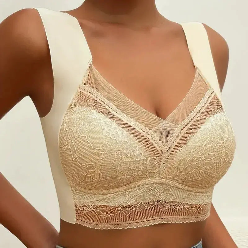 Women's cream-beige lace bralette with floral embroidery, sheer mesh deep-V neckline and scalloped hem.