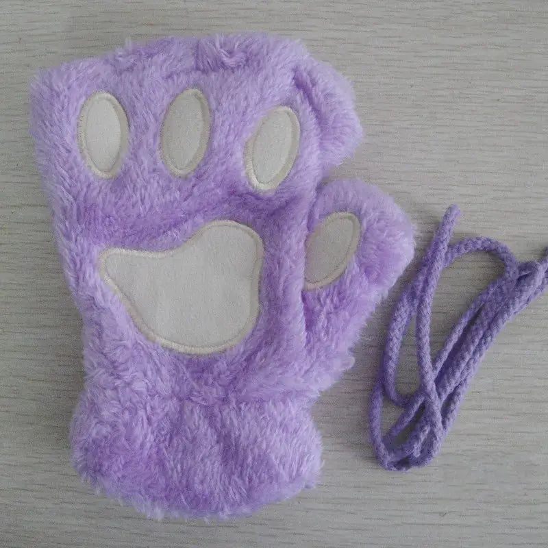 Cartoon Cute Cat Claw Paw Gloves Women Plush Mittens Warm Soft Short Fingerless Fluffy Bear Cat Gloves Costume