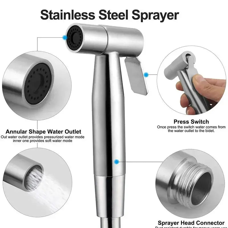 Handheld stainless steel bidet sprayer by Simples Market with self-cleaning nozzle and threaded connector