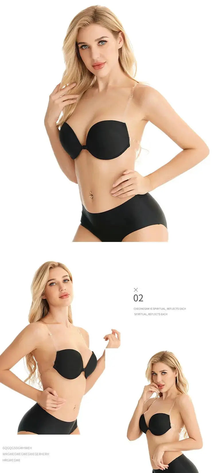 Backless front-closure push-up bra in black with transparent multiway straps, shown on model