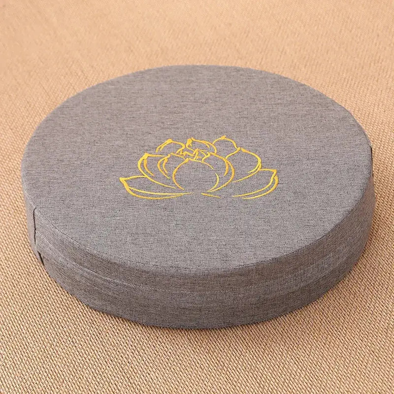 Yoga meditation cushion, round gray linen cushion with yellow lotus embroidery and removable washable cover