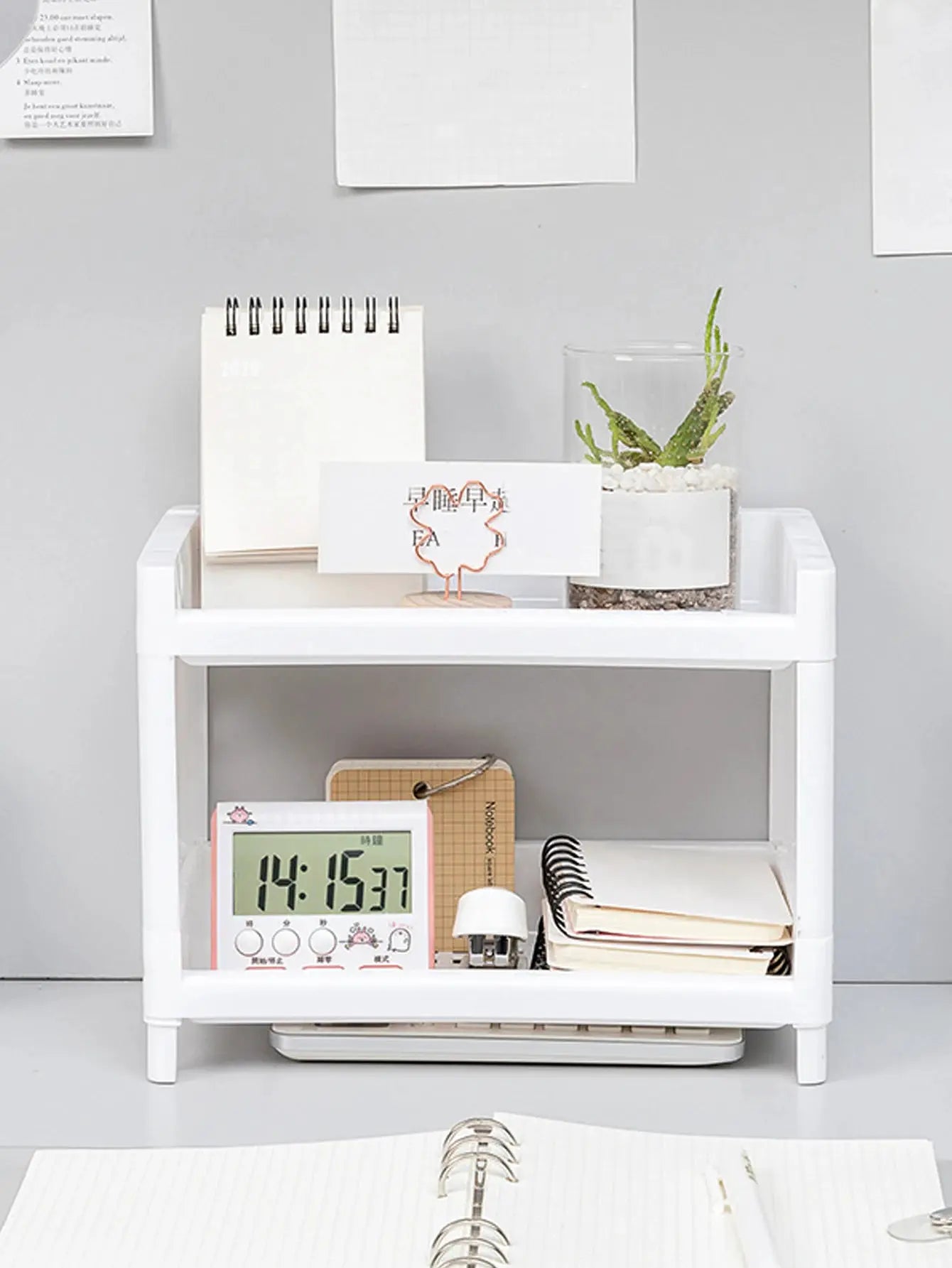 PP Desktop Double Layer Storage Rack Rectangular White For Desk Office Cosmetics Stationery Organization