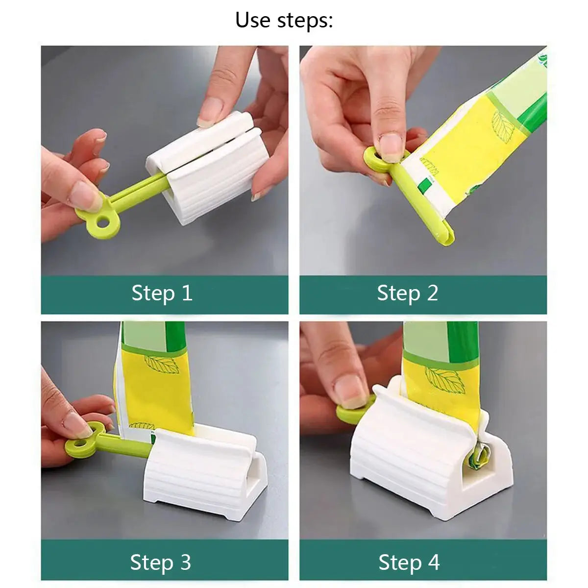 Simples Market toothpaste tube squeezer; white plastic base with lime-green handle, four-step usage shown