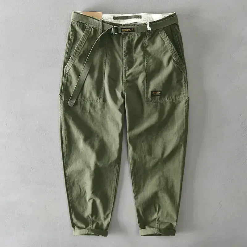 Men's cargo pants by Simples Market, olive green pure cotton, belt, mid waist casual jogger