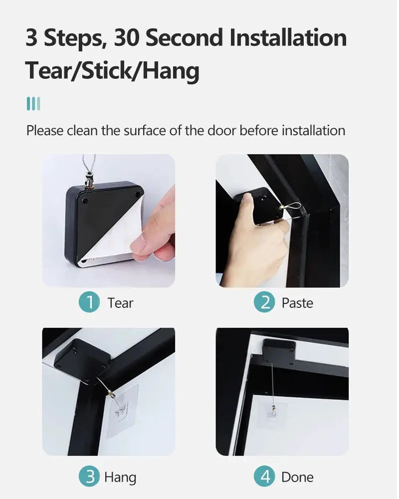 Simples Market automatic sensor door closer, black punch-free door stopper with a 4-step install guide.