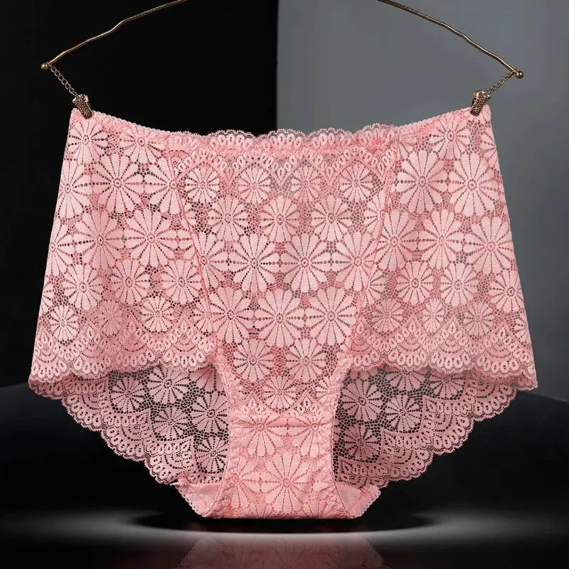 Pink lace high-waisted panties with floral hollowed-out pattern