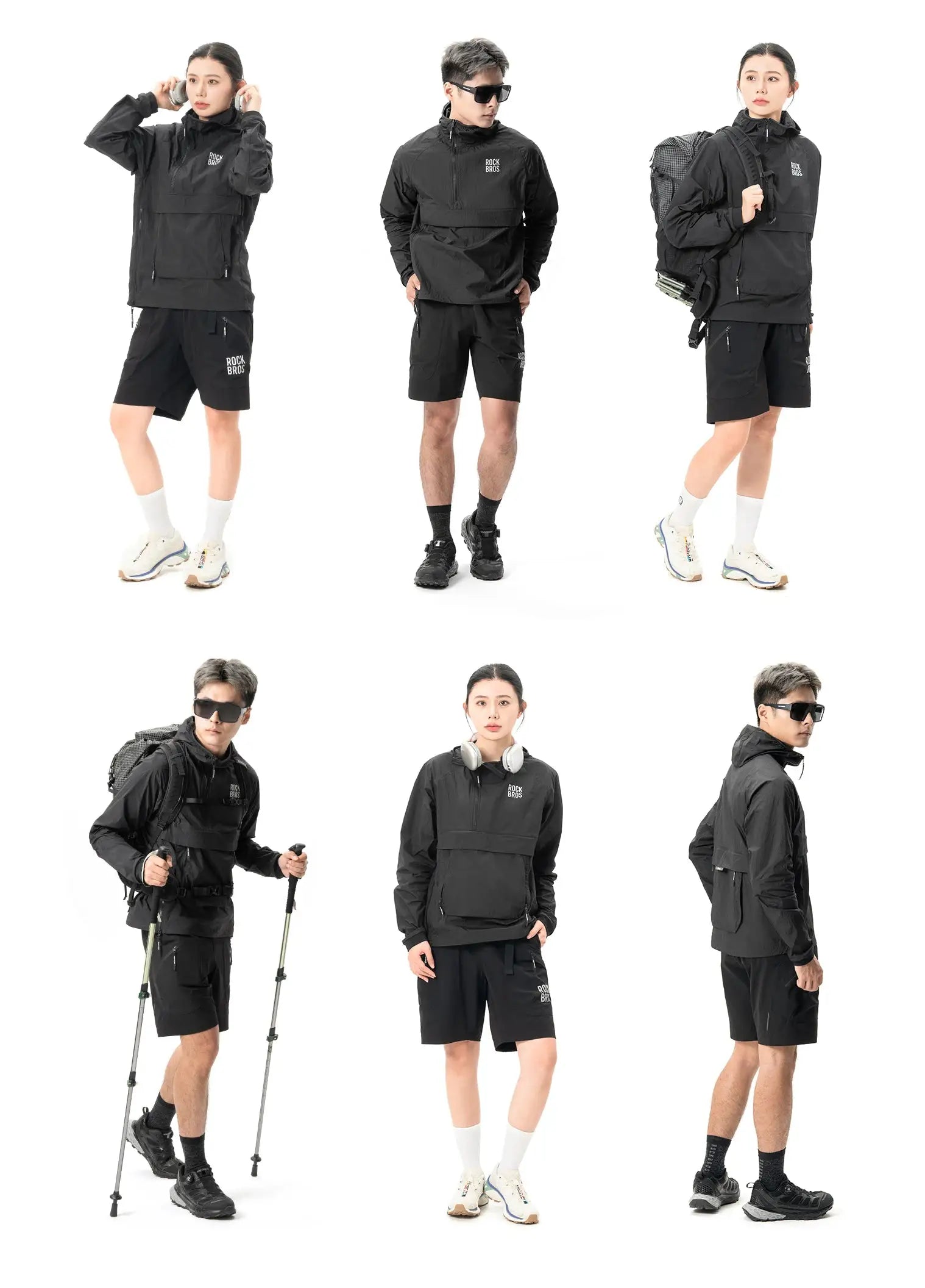 ROCKBROS black cycling waterproof jacket; windbreaker-style outdoor clothing worn by six models