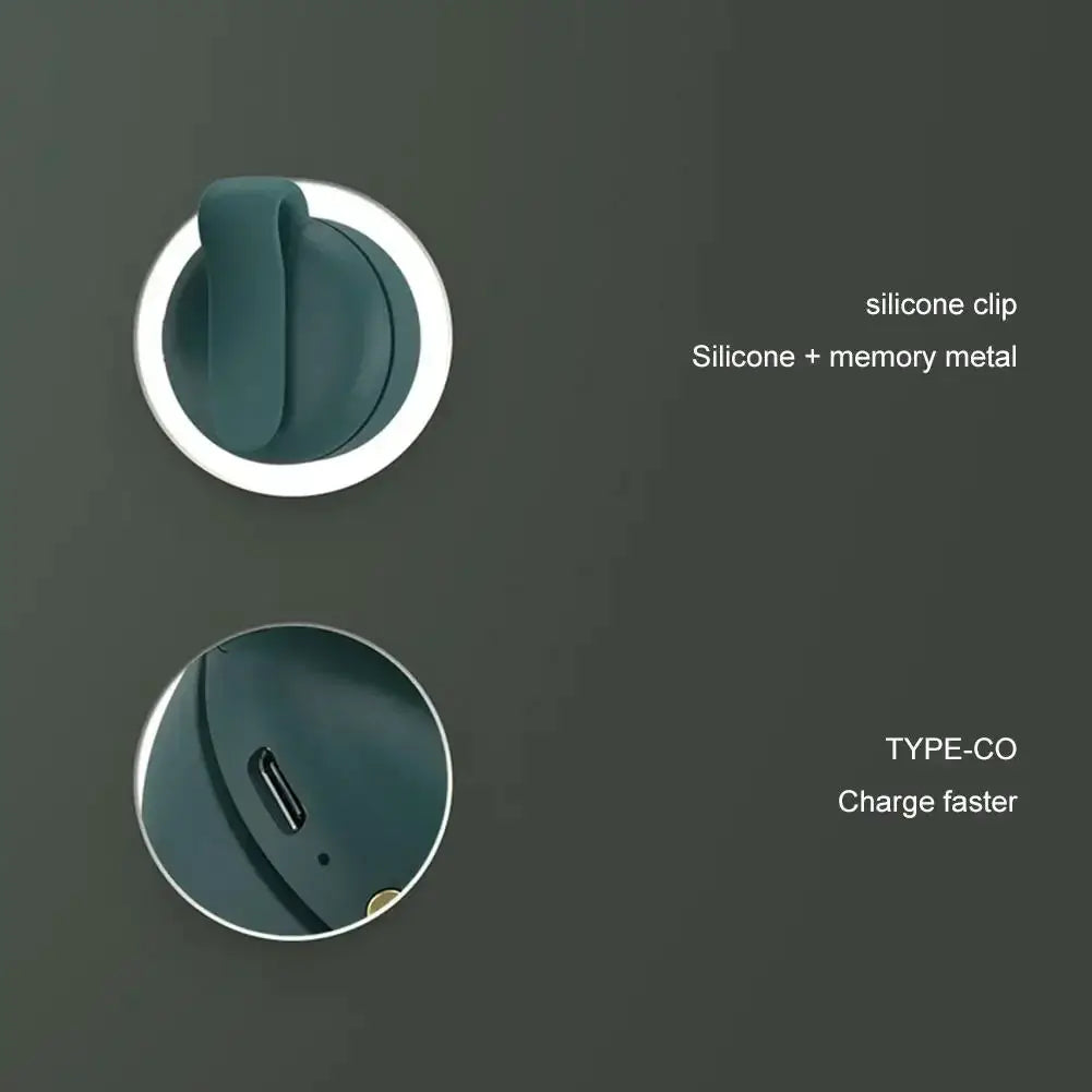 Simples Market portable clip-on bladeless fan in teal with silicone clip, Type-C charging, 3-speed control