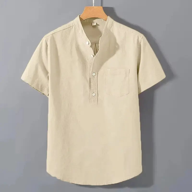 Mens Short Sleeve T Shirt Solid Color Stand Up Collar Breathable Cotton Top With Pocket For Summer Trendy