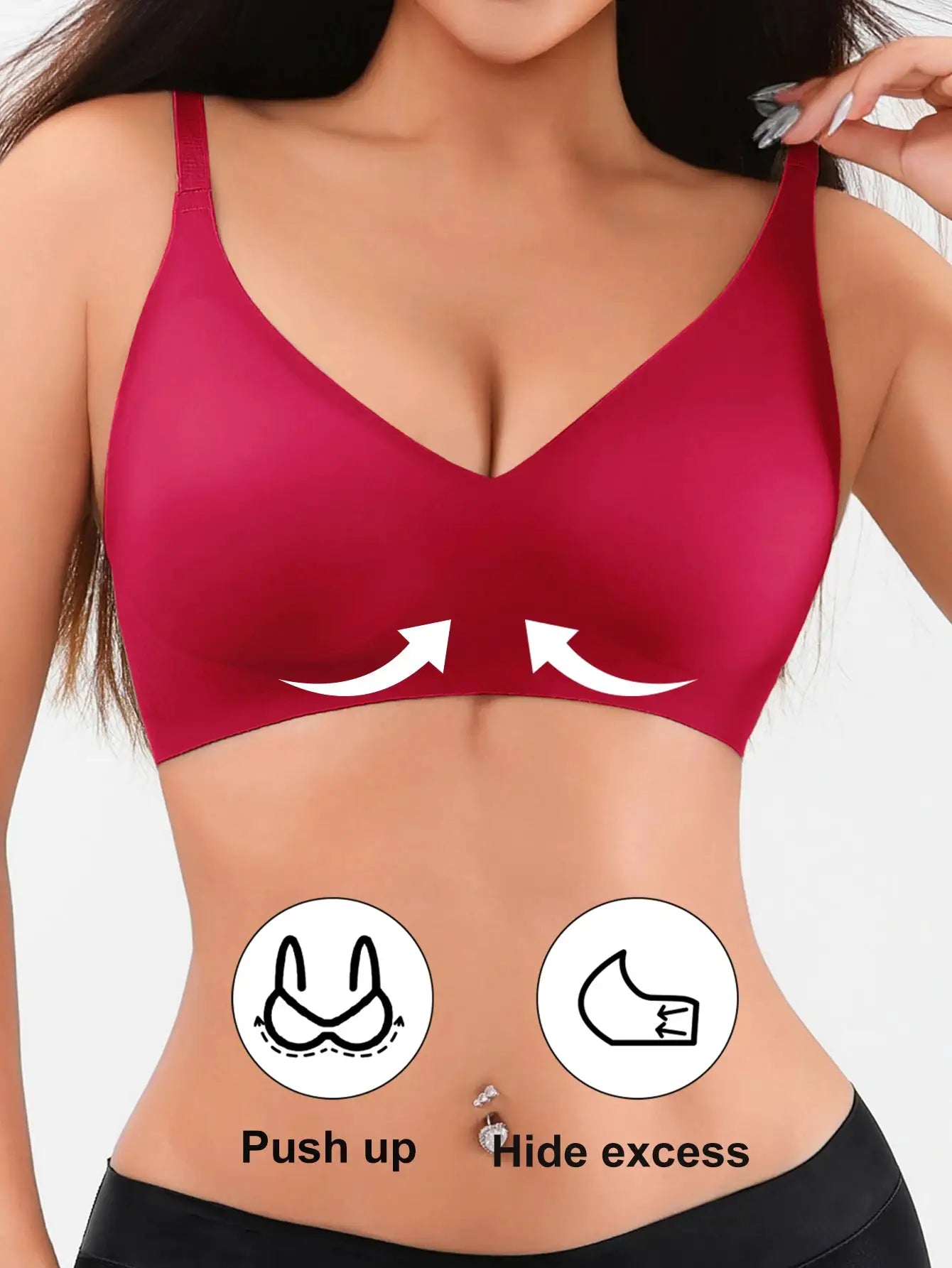 Simples Market red seamless wireless bralette with adjustable straps, padded push-up design.