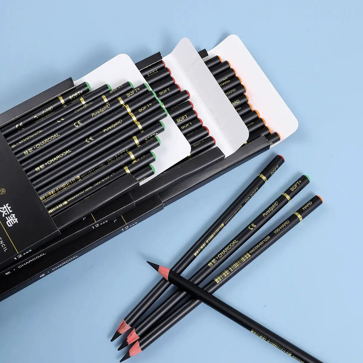 12-pack charcoal pencils set for drawing, black bodies with color-coded ends
