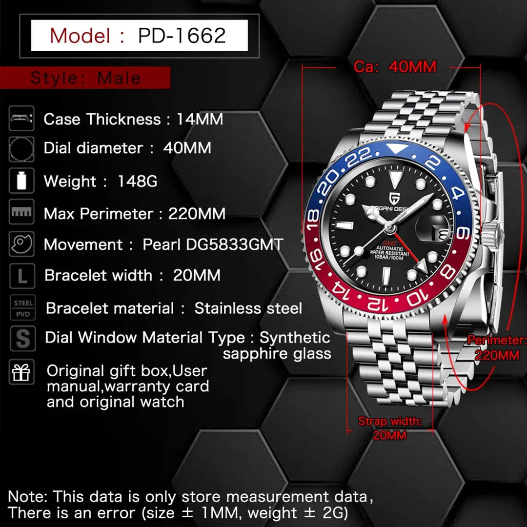PAGANI DESIGN PD-1662 GMT men's stainless steel watch with blue-red bezel and sapphire glass