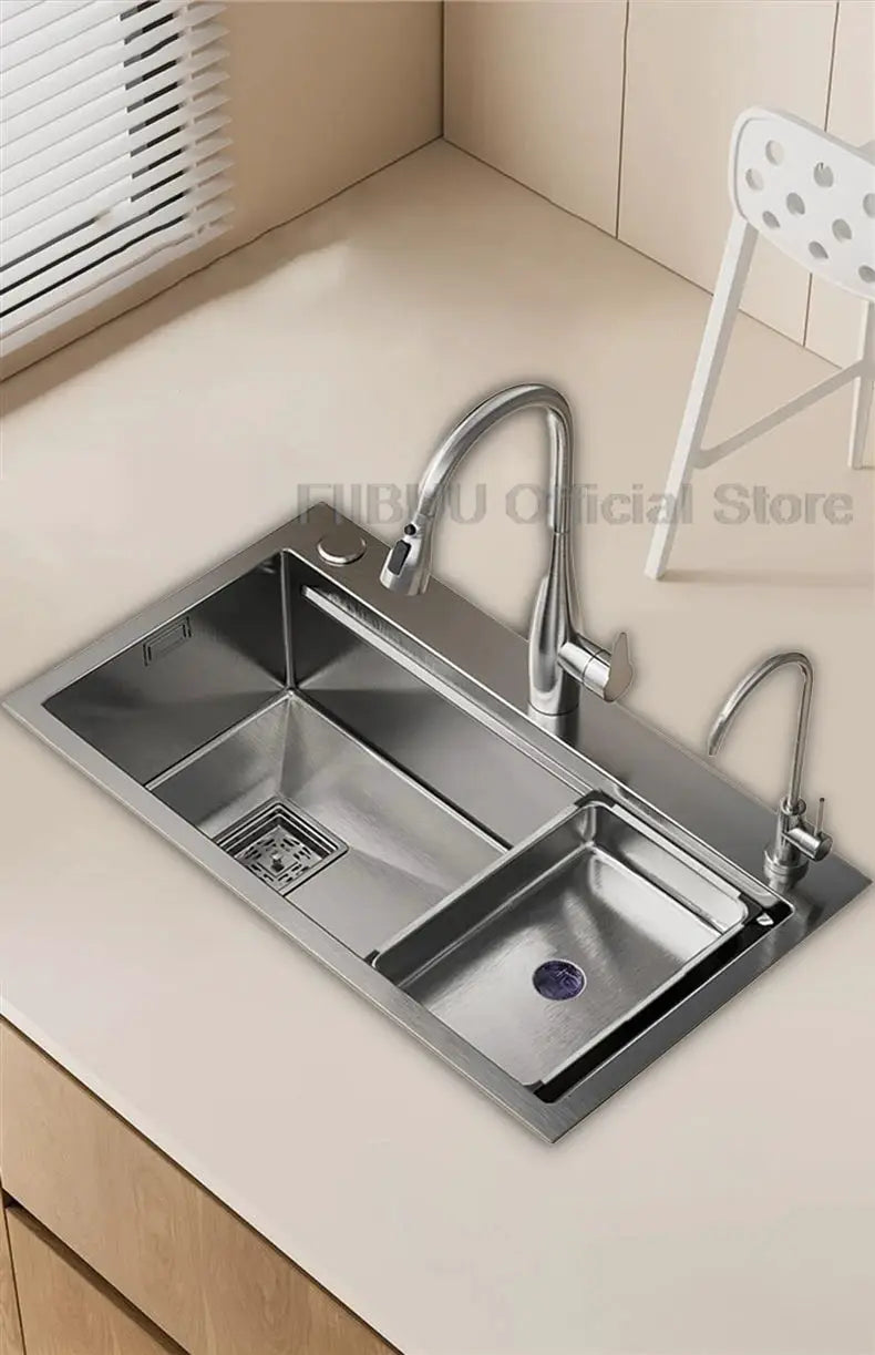 304 stainless steel kitchen sink with dual bowls and high-arc gooseneck faucet