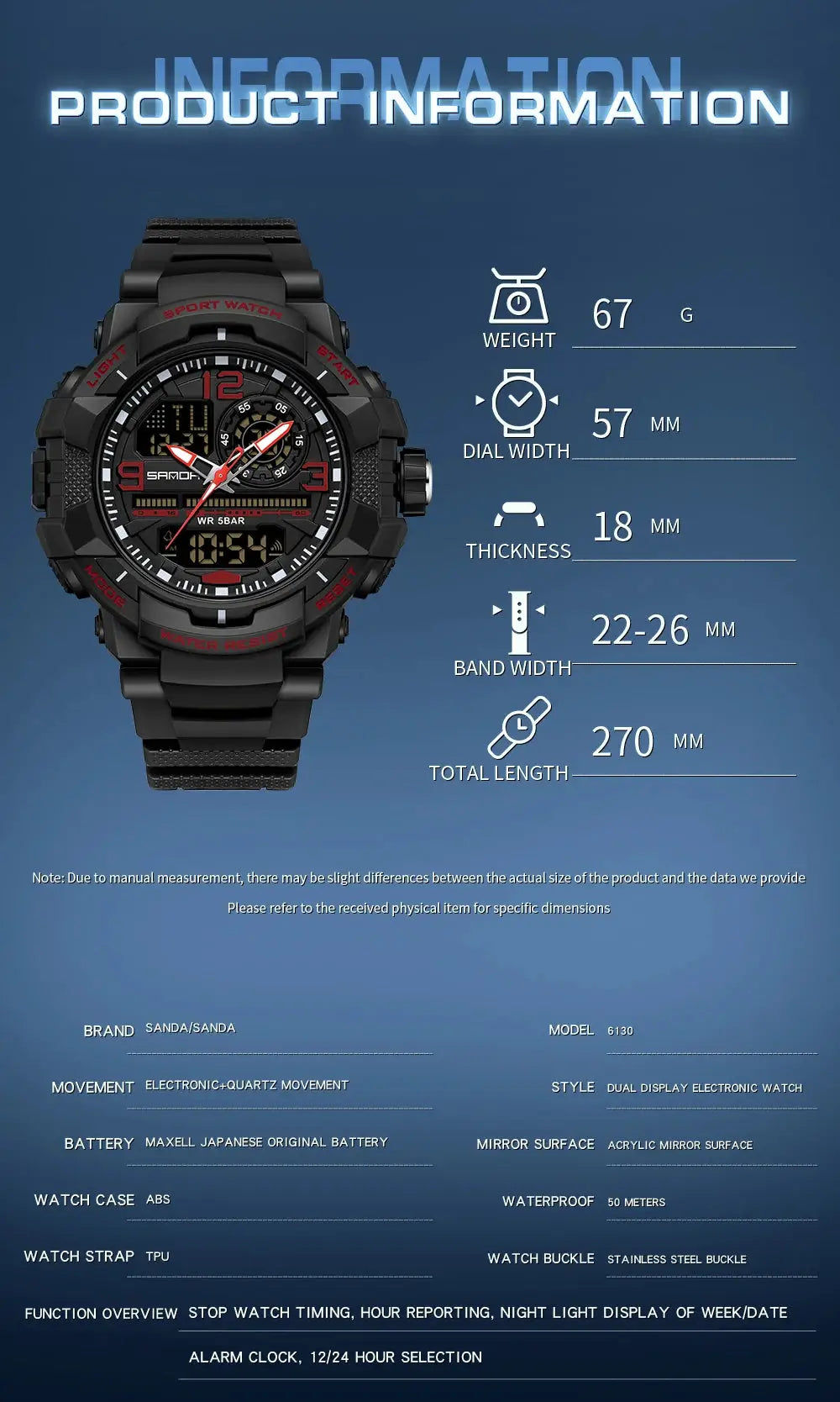 SANDA 6130 dual-display men’s sport watch, black with red accents, waterproof quartz LED.
