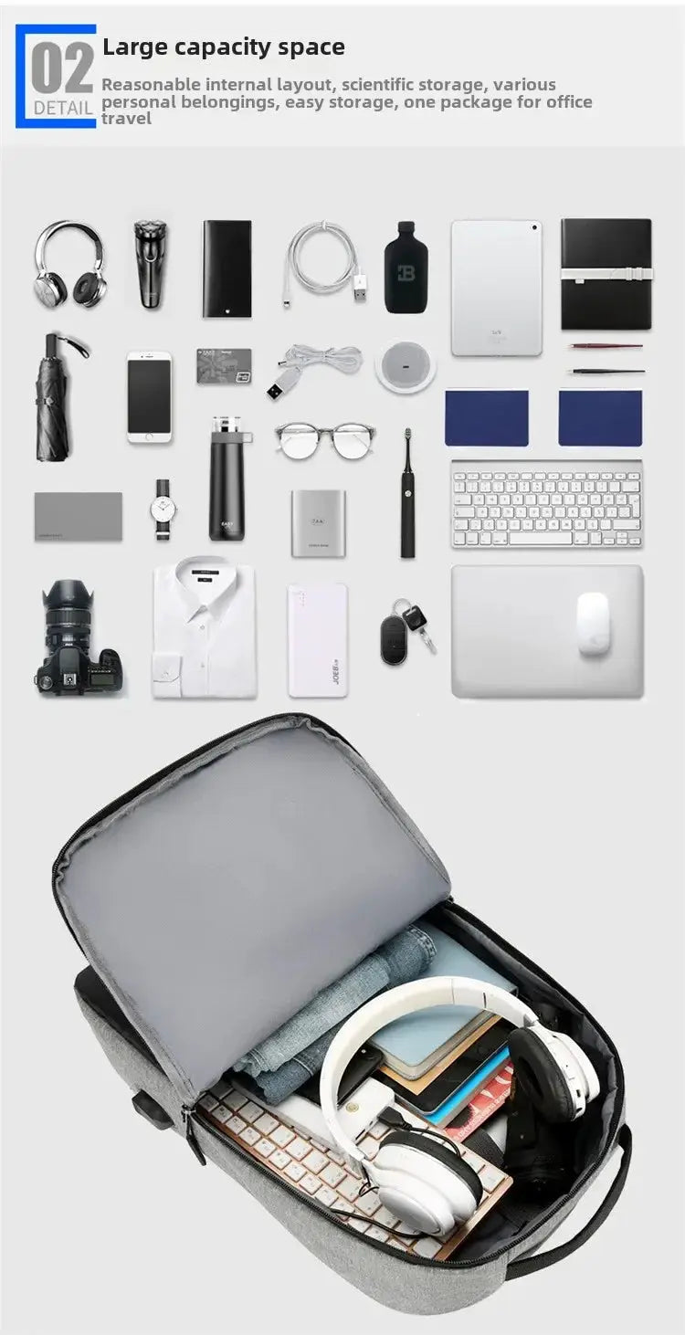 Backpack Simples Market gray EVA shell; anti-theft USB waterproof smart laptop backpack opened with laptop.