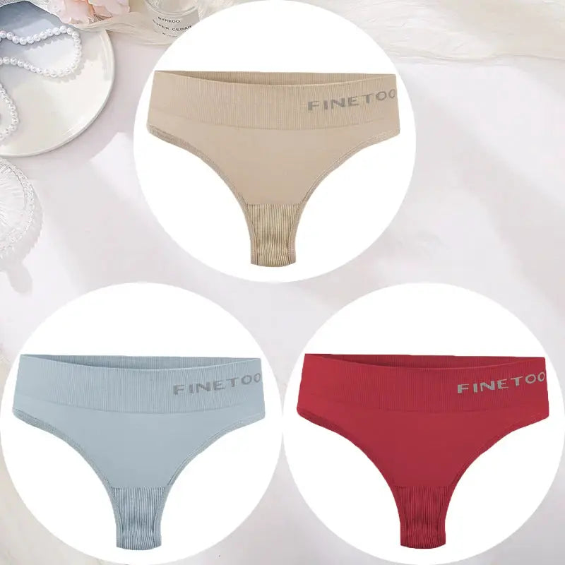Finetoo 3pc women's thong underwear set; beige, light blue & red high-waist seamless panties