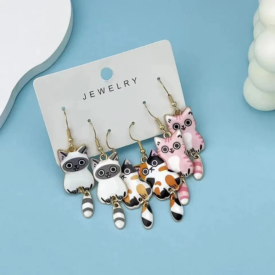Three Pairs Colorful Cat Ear Dangle Earrings Set Enamel Alloy Hanging Tail Jewelry Cute Gift for Women and Girls